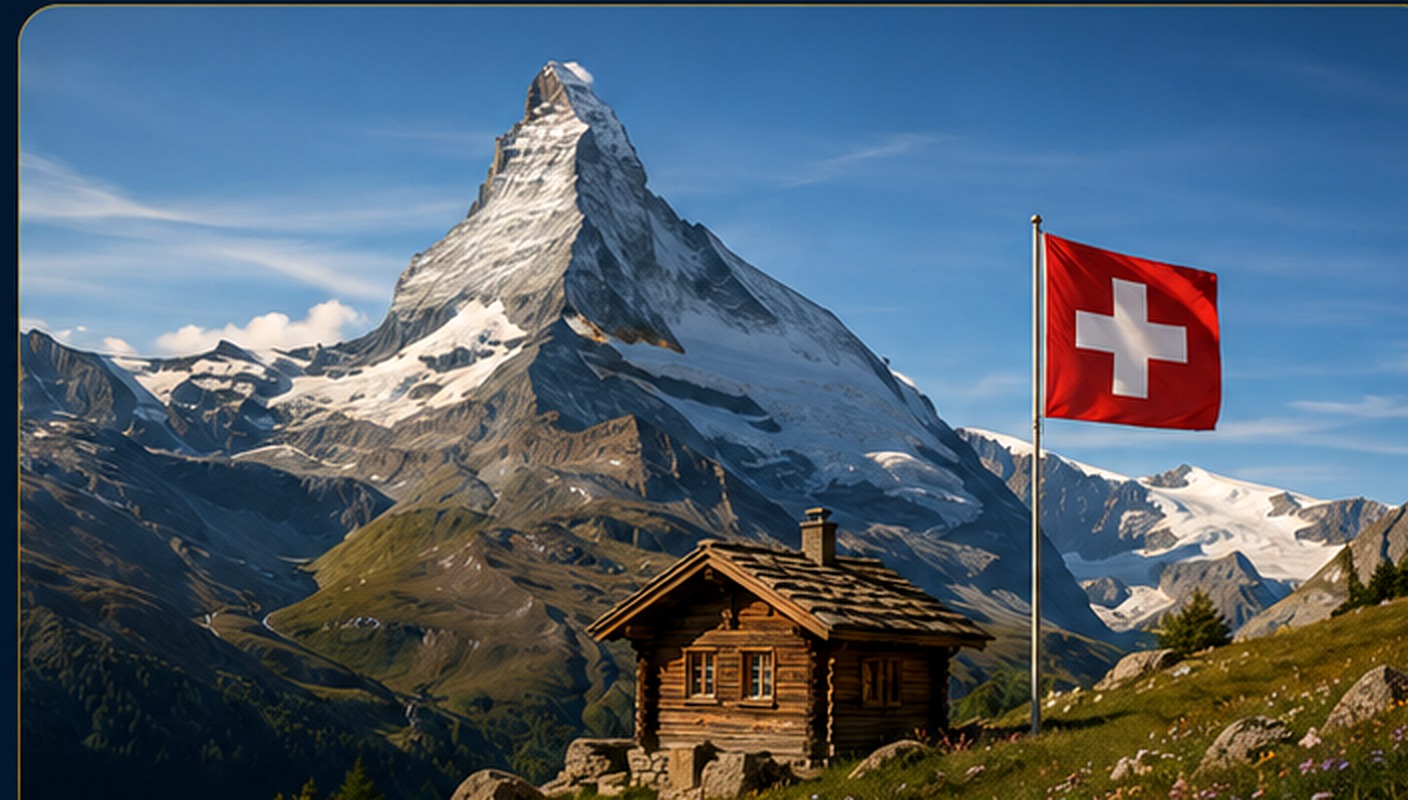 Le Cervin, un chalet et le drapeau suisse